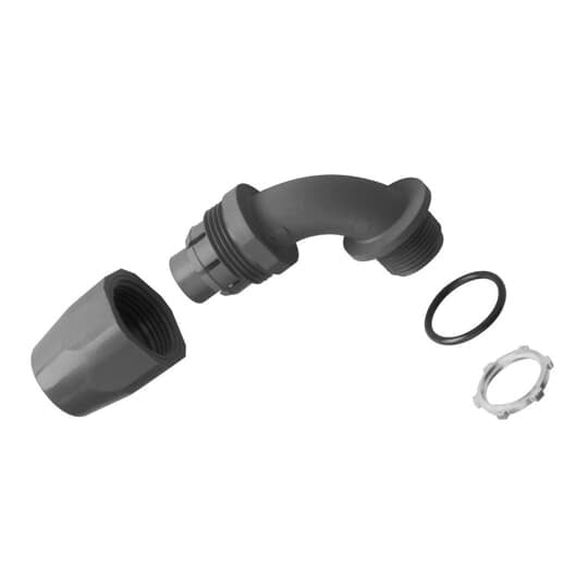 1-1/4 Inch, 90 Degree, Two-Piece Liquidtight Non-Metallic Fitting, UL E32447, Temperatures up to 107 Degrees C, Nitril Rubber O-Ring, PVC, Grey