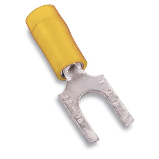 Nylon Insulated Fork Terminal with Flanged Tongue, Length .97 Inches, Width .34 Inches, Maximum Insulation .210, Bolt Hole #8, Wire Range #12-#10 AWG, Color Yellow, Copper, Tin Plated, 500 Pack