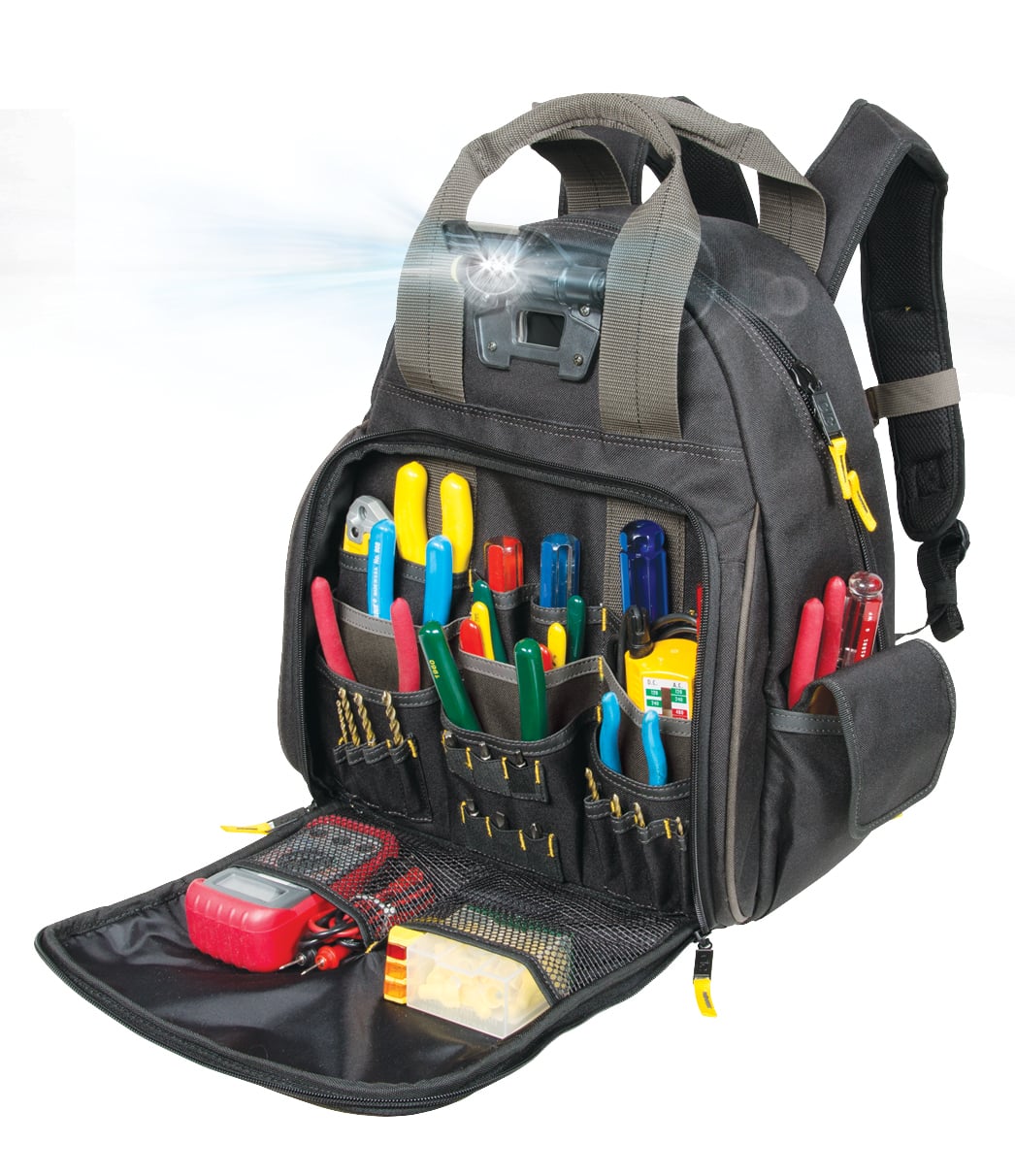 Tech Gear 53 Pocket Lighted Backpack, 3 Levels of Light Output Allow Adjustment for Wide Area Illumination or Close-Up Work, Light Output/Levels: 39 Lumens Max., 3 Levels, Dual Compartment Design for Better-Organized Tool Storage, 2 Straps for Cordless Drill/Driver And Battery Charger, 28 Tool Pockets, 14 Accessory Bit Pockets and 11 Multi-Use Pockets for Your Favorite Tools, Parts and Accessories, Carrying Handles for Easy Transport, Adjustable Padded Shoulders with Sternum Strap and Back Padding for Comfort, Large Base Pad Feet to Help Reduce Wear and Abrasion, Powered By 2 AAA Batteries