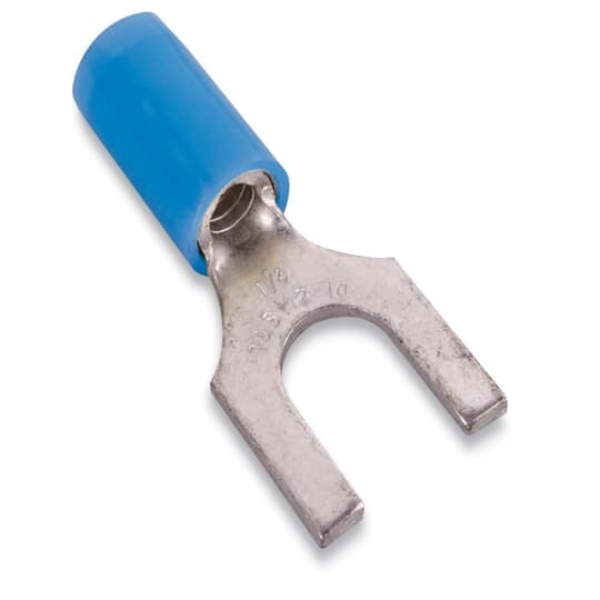 Nylon Insulated Fork Terminal, Length .87 Inches, Width .38 Inches, Maximum Insulation .162, Bolt Hole #10, Wire Range #18-#14 AWG, Color Blue, Copper, Tin Plated