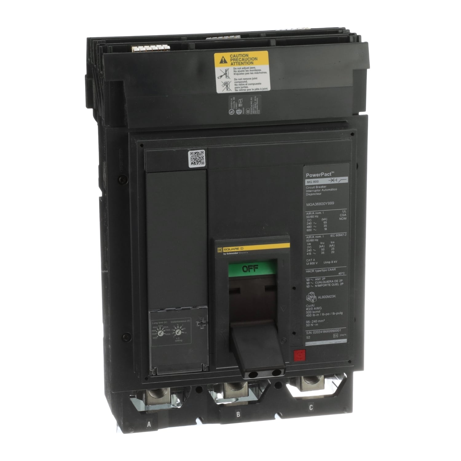 Circuit breaker, PowerPacT M, 300A to 800A, 3 pole, 600VAC, 18kA, I-Line, adjustable trip, 80%, ABC