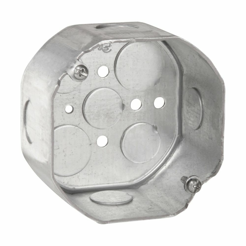 Eaton Crouse-Hinds series Octagon Outlet Box, (3) 1/2", (2) 3/4", 4", (4) 3/4", Includes ground screw with pigtail lead, 21.5 cubic inch capacity