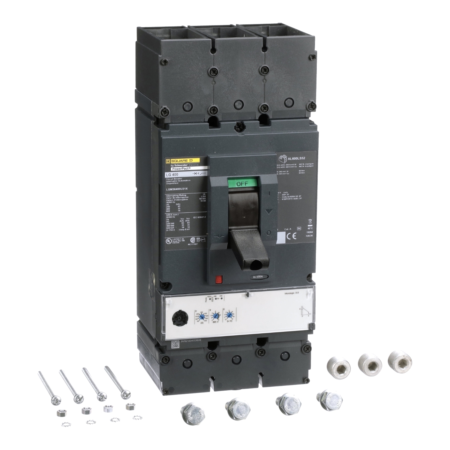 Circuit breaker, PowerPacT L, 600A, 3 pole, 600VAC, 25kA, lugs, MicroLogic 3.3, 80%