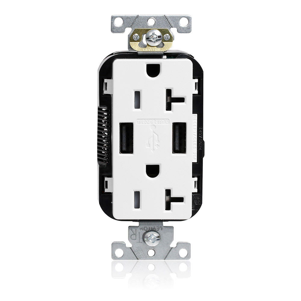 Lev-Lok Combination Tamper-Resistant Duplex Decora Receptacle and Dual-Port USB Type A-A Charger, NEMA 5-20R, 20A-125V, 2 Pole, 3-Wire Grounding Receptacle  - White