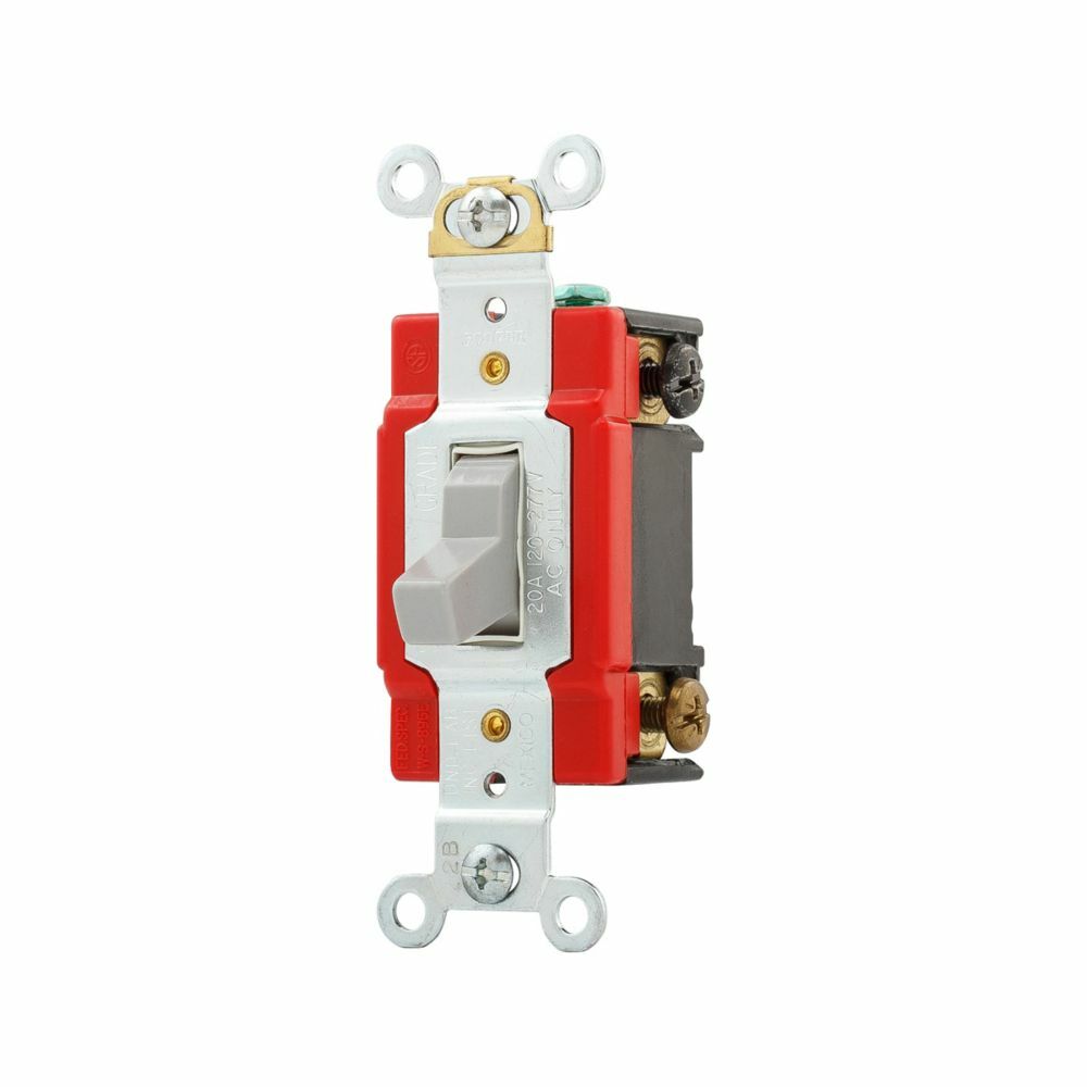 Eaton Arrow Hart industrial grade toggle switch, #14-10 AWG, 20A, Industrial, Wall, 120/277V, Back and side, Screw, Gray, Three-Way, Brass, Terminals: 0.031 in, Polycarbonate
