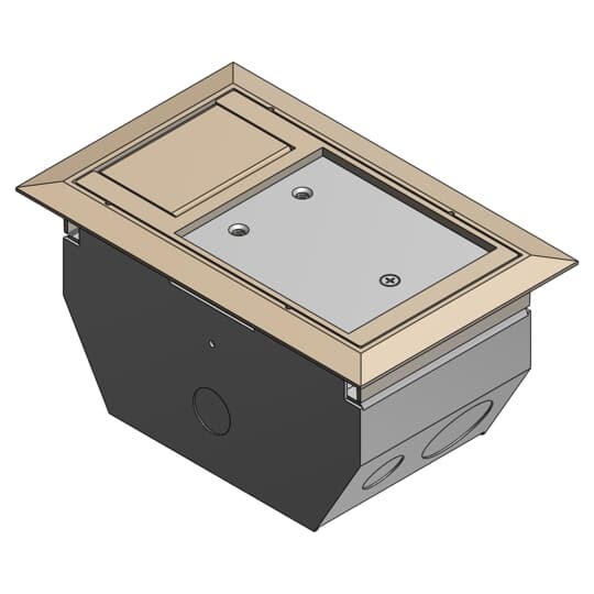 Two Compartment Raised Access Floor Module, 75 Cubic Inches, Floor Cut Out Length 7-1/8 Inches, Width 4-1/8 Inches, Cover Size Length 6-3/4 Inches, Width 3-7/8 Inches, Depth 4 Inches, Galvanized Steel with Beige Cover