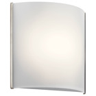 This one-light LED wall sconce showcases clean, rounded lines. Available in a Brushed Nickel finish with a white acrylic diffuser.
