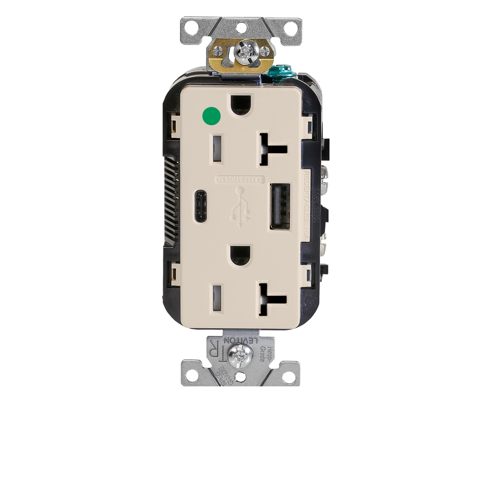 Decora Plus Duplex Receptacle Outlet, Heavy-Duty Hospital Grade, Tamper Resistant, with USB, One Type A  - One Type C USB Port (5.1 Amp), Smooth Face, 20 Amp, 125 Volt, Back and Side Wire, NEMA 5-20R, 2-Pole, 3-Wire, Self-Grounding - Light Almond