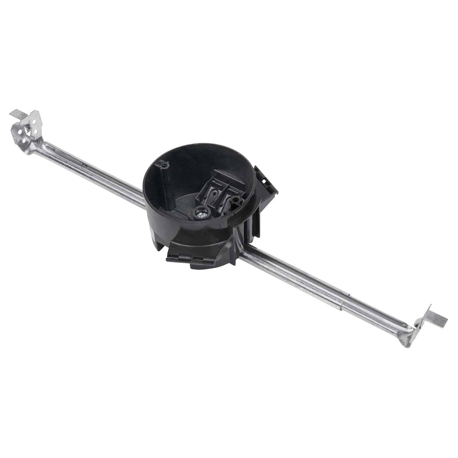 Round Ceiling/Fixture Outlet Box with Bar Hanger, Volume 16 Inches, Diameter 3-1/2 Inches, Depth 2-1/4 Inches, Color Black, Material Polycarbonate, Mounting Means 24 Inch Bar Hanger and Cable Strap