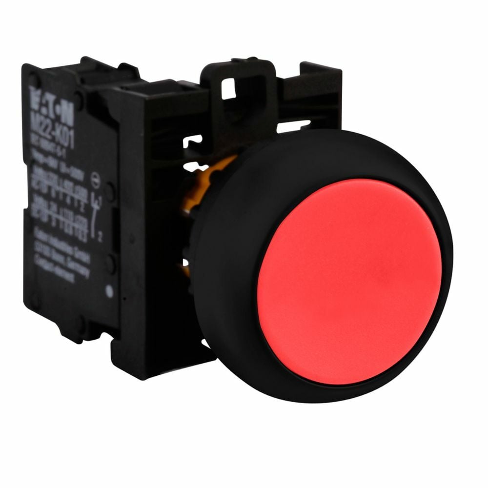 Eaton 22.5 mm RMQ-Titan Pushbutton,Red Actuator,Black bezel,2NC,IP67, IP69K,Non-illuminated,Flush mounting,NEMA 4X, 13,5,000,000 operations,Momentary,22.5 mm,Flush Pushbutton,M22