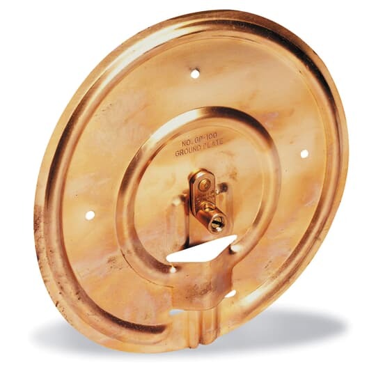 Ground Plate Type GP - Copper Pole Bottom Ground Plate, 7-1/2 inch Diameter Copper Plate. Pigtail Wire Range #4 Stranded AWG to #14 Solid AWG.
