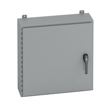 Eaton B-Line series wall mounted panel enclosure, 24" height, 8" length, 24" width, NEMA 4, Hinged cover, 43PT enclosure, Wall mount, Medium single door, External mounting feet, Carbon steel, Seamless poured in-place gasket