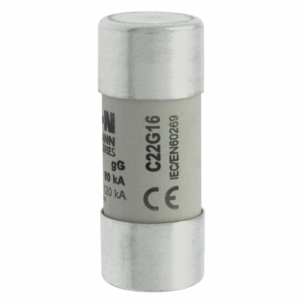 Eaton Bussmann series low voltage 22 x 58 mm cylindrical/ferrule fuse, rated at 690 Volts AC, 16 Amps, 80 kA Breaking capacity, class gG/gL, without indicator, compatible with a CH22 Modular fuse holder
