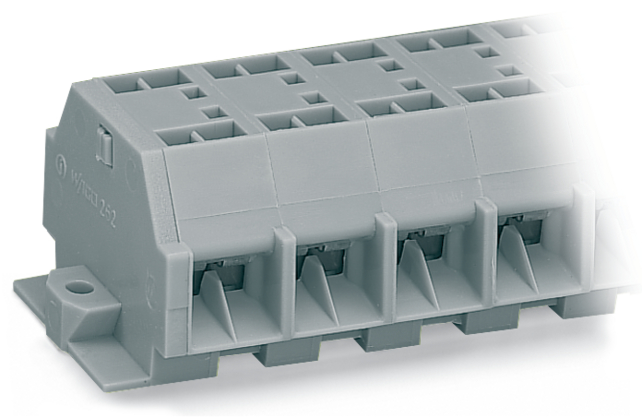 4-conductor terminal strip; without push-buttons; with snap-in mounting feet; 5-pole; for plate thickness 0.6 - 1.2 mm; Fixing hole 3.5 mm ; 4 mm; CAGE CLAMP; 4,00 mm; gray