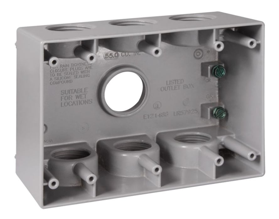 TP7144 Weatherproof Outlet Box, Die-Cast Aluminum, 59 cu-in Capacity, 3 Gangs, 7 Outlets, 2-5/8 in D
