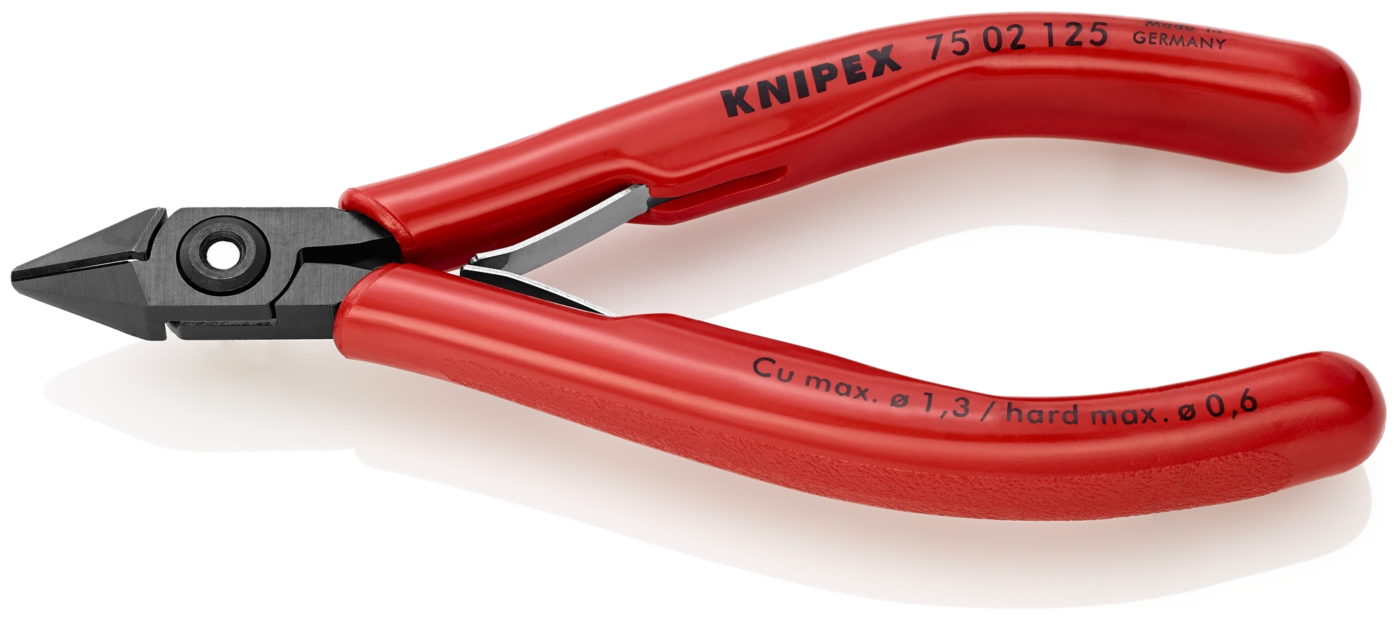 Electronics Diagonal Cutters, 5 in., Plastic, Black-oxide, Semi-flush with Bevel Cut, Tapered Head, up to 1/64 in. Piano Wire