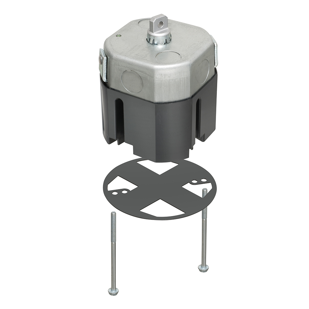 Steel T-Box for fans and fixtures weighing up to 70 lbs. Includes Wire Grabber? connector with braided drop wire for support, (2) #10-32 x 4" screws, and grid cover.