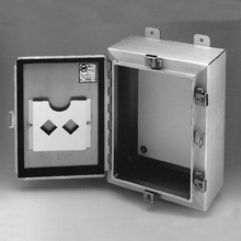 Eaton B-Line series wall mounted panel enclosure, 20" height, 8" length, 16" width, NEMA 4X, Hinged cover, 4XA enclosure, Wall mount, Medium single door, External mounting feet, Aluminum, Seamless poured in-place gasket