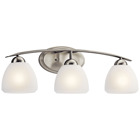 The Calleigh 26 inch 3 light vanity light features a classic look with its Brushed Nickel finish and satin etched glass. This contemporary vanity light can be installed up or down for a look that fits your dacor.