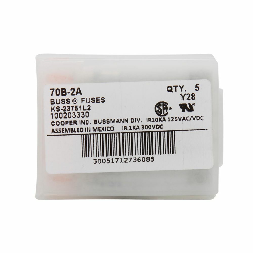 Eaton Bussmann series 70 Series telecommunication fuse, Color code violet/yellow, 125 Vac, 300 Vdc, 10 A, 1 kAIC at 300 Vdc, Non Indicating, Ferrule end X ferrule end