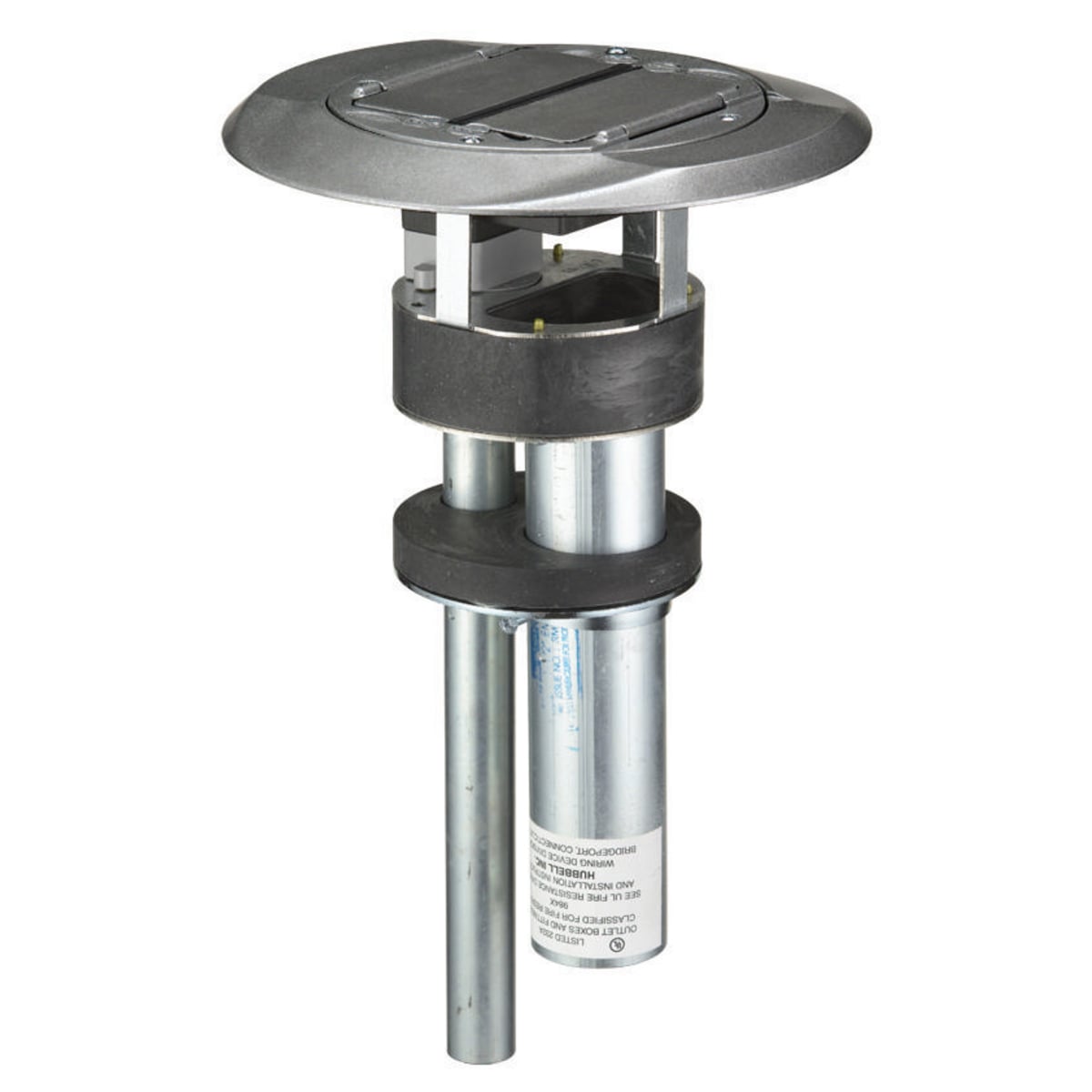 In-Floor Delivery Systems, SystemOne, Fire Rated Poke-Through, 1 Piece Unit, 3-Unit Hubbell iSTATION Opening, Single 20A, 125V Receptacle, Cover with Gray Finish