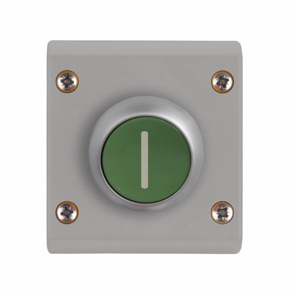 M22 Assembled One Element Control Station, 22.5 mm, Flush pushbutton, Momentary, Non-illuminated, Button: Green, Inscription: I/ X1, NO-NC, IP66, UL (NEMA) Type 4X, 13, Horizontal, Base: Black, Enclosure: Gray