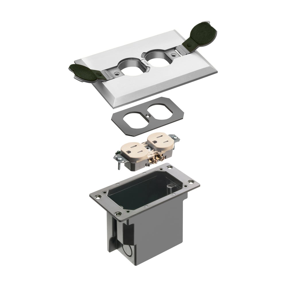 Non Metallic Box with metal covers for existing floors. Rectangular gasketed, metallic nickel cover with flip lids.