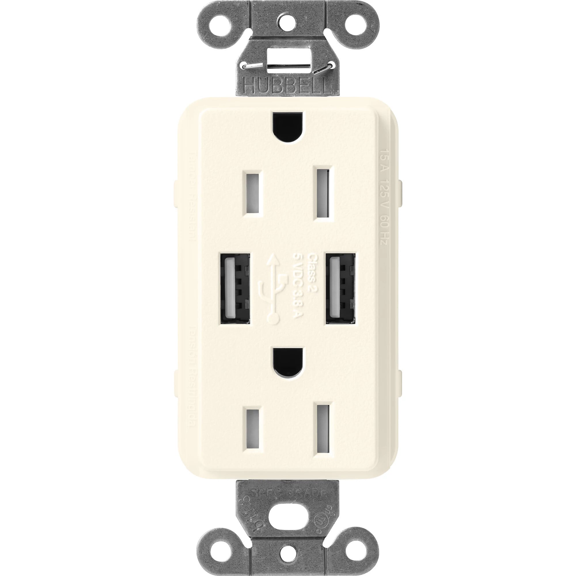 Lutron Claro USB Type A 2.0 Duplex Receptacle, 15 Amp, Biscuit
