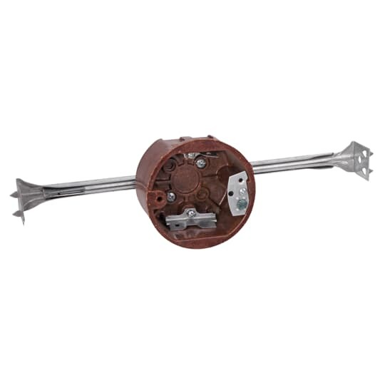 Round Ceiling/Fixture Outlet Box with Bar Hanger, Volume 13.5 Inches, Diameter 3-1/2 Inches, Depth 2-1/8 Inch, Color Brown, Material Phenolic, Mounting Means 24 Inch Bar Hanger, 16-1/1 Inch Minimum - 27 Inch Maximum with High Clamps and #40 Ground Strap