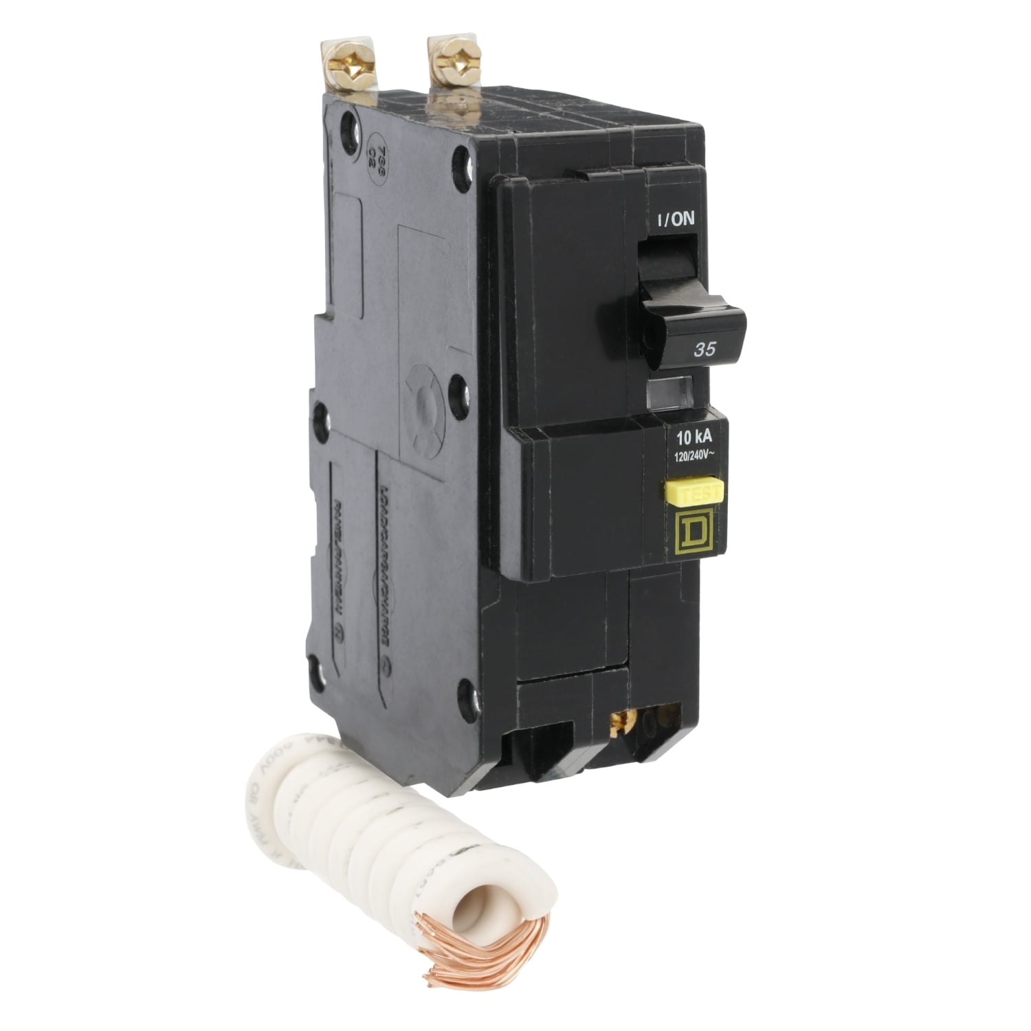 Mini circuit breaker, QO, 35A, 2 pole, 120/240VAC, 10kA, bolt on, 6mA grd fault A, pigtail