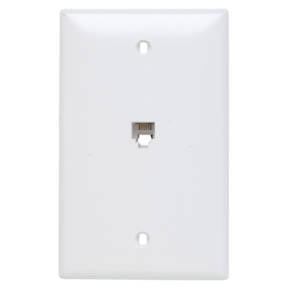 Single gang opening modular four conductor telephone jack in whitewith wall plate meets FCC Part 68 requirements. It is a mar-resistant wall plate and fits in any standard size single gang electrical box.