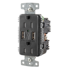 USB Charger Duplex Receptacle, 15A 125V,2-Pole 3-Wire Grounding, 5-15R, 2) 5A USB Ports, Black