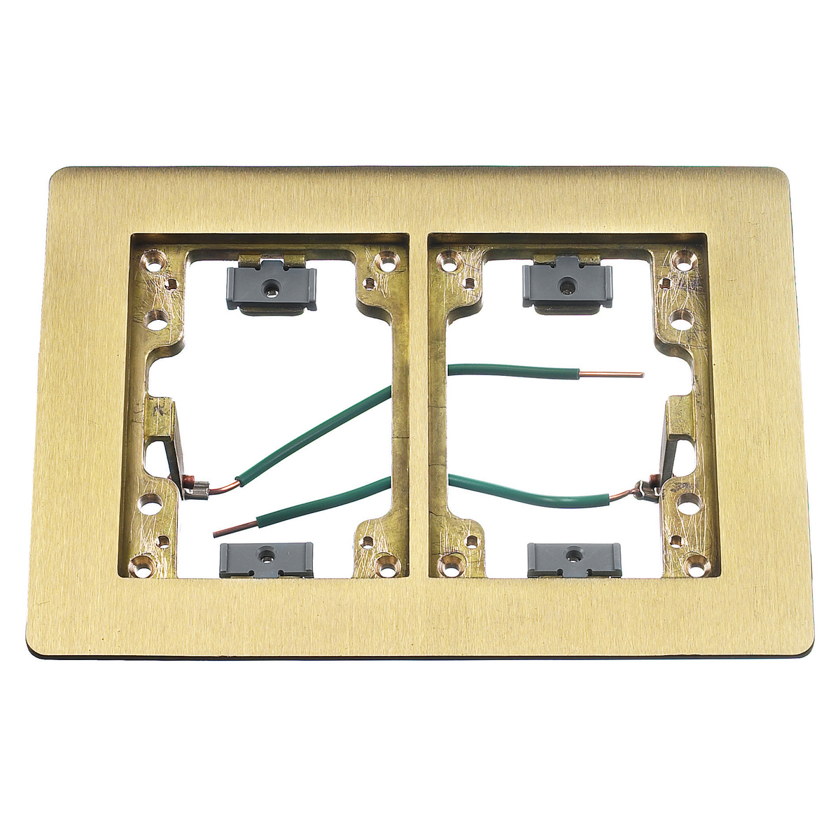 Flush Concrete Floor Box Series, 2-Gang Flat Flange with Grounding Wire, Rectangular, 6.00" X 4.85", Brushed Brass