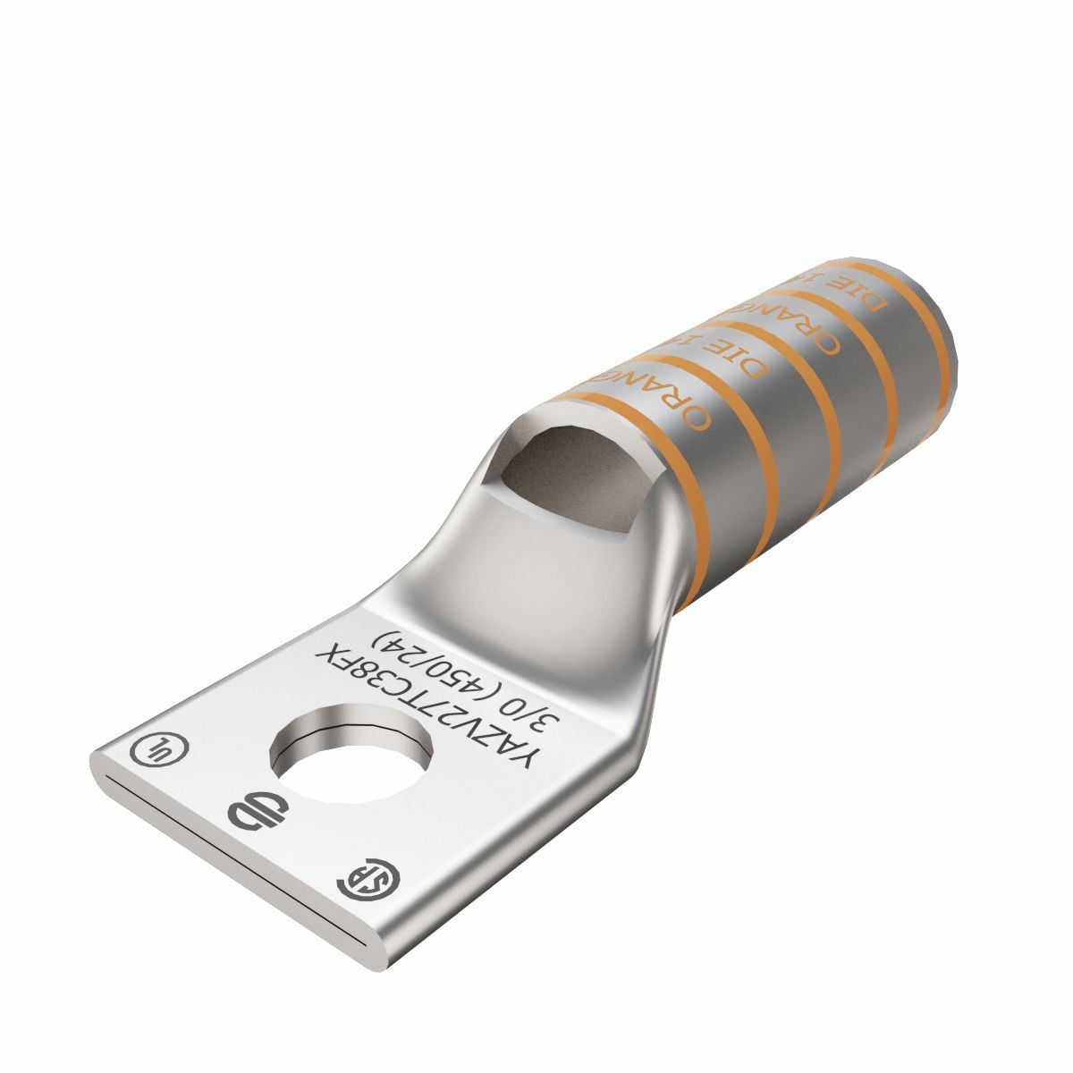 3/0 Flex G,H,I,K,M,DLO, 3/0 AWG CU, One Hole, 3/8 Stud Size, Long Barrel, Internal Chamfer, Tin Plated, UL/CSA, 90?C, Up to 35kV, Orange Color Code, 14 Die Index.
