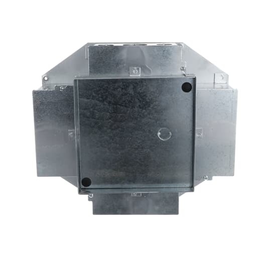 Four Gang Recessed Service Floor Box, 124 Cubic Inches for Device Access and 72/52 Cubic Inches for Device Compartments, Length 12-1/8 Inches, Width 14 Inches, Depth 4-1/2 Inches, Compartment Size Length 5-3/4 Inches Width 3-3/4 and 2-1/4 Inches and Depth 3-3/8 Inches, 3/4 Inch, 1-1/4 Inch, and 2 Inch Knockouts, Cast Iron, For Audio Visual Applications