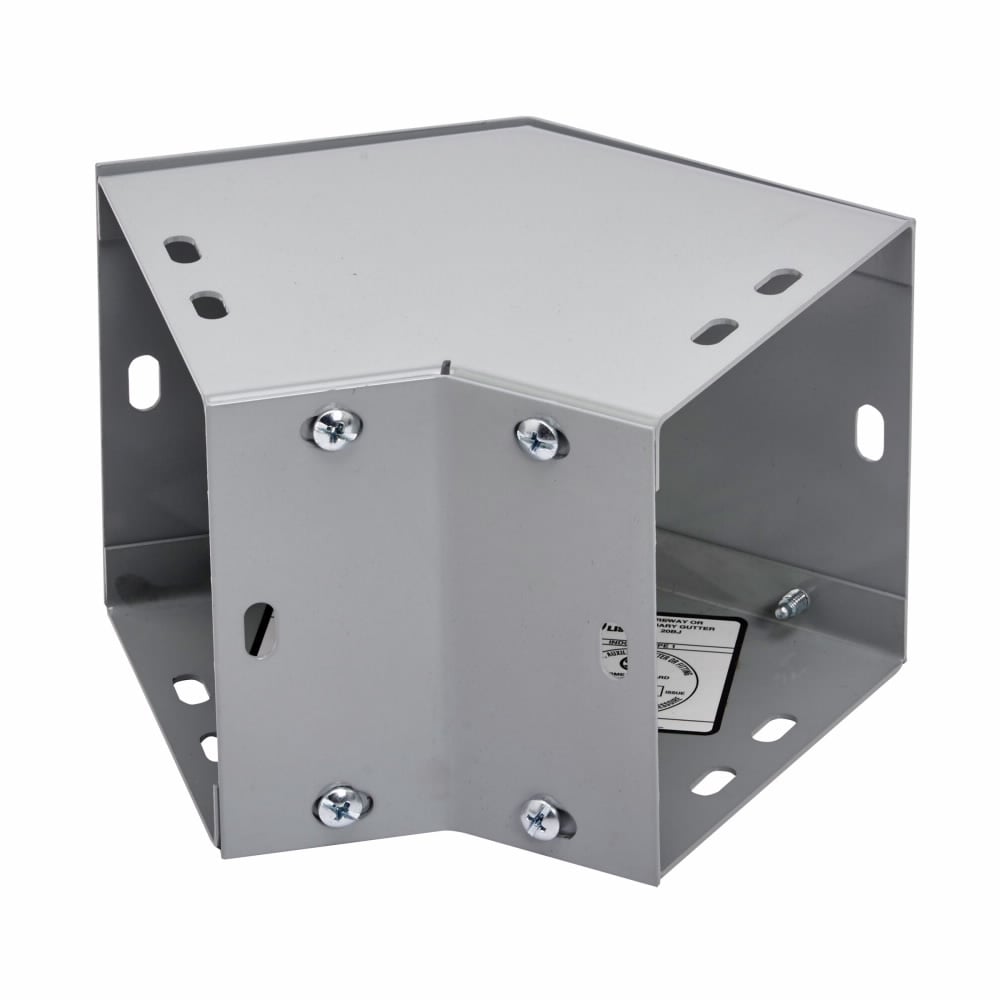 Eaton B-Line series wireway elbow fitting, Lay-in, 90? elbow, combo opening, NEMA 1, Steel, ANSI 61 gray painted, 4" X 4"