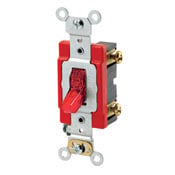 20-Amp, 120 Volt, Toggle Pilot Light, Illuminated On, Req, Neutral Single-Pole AC Quiet Switch, Extra Heavy Duty Grade, Self Grounding, Red