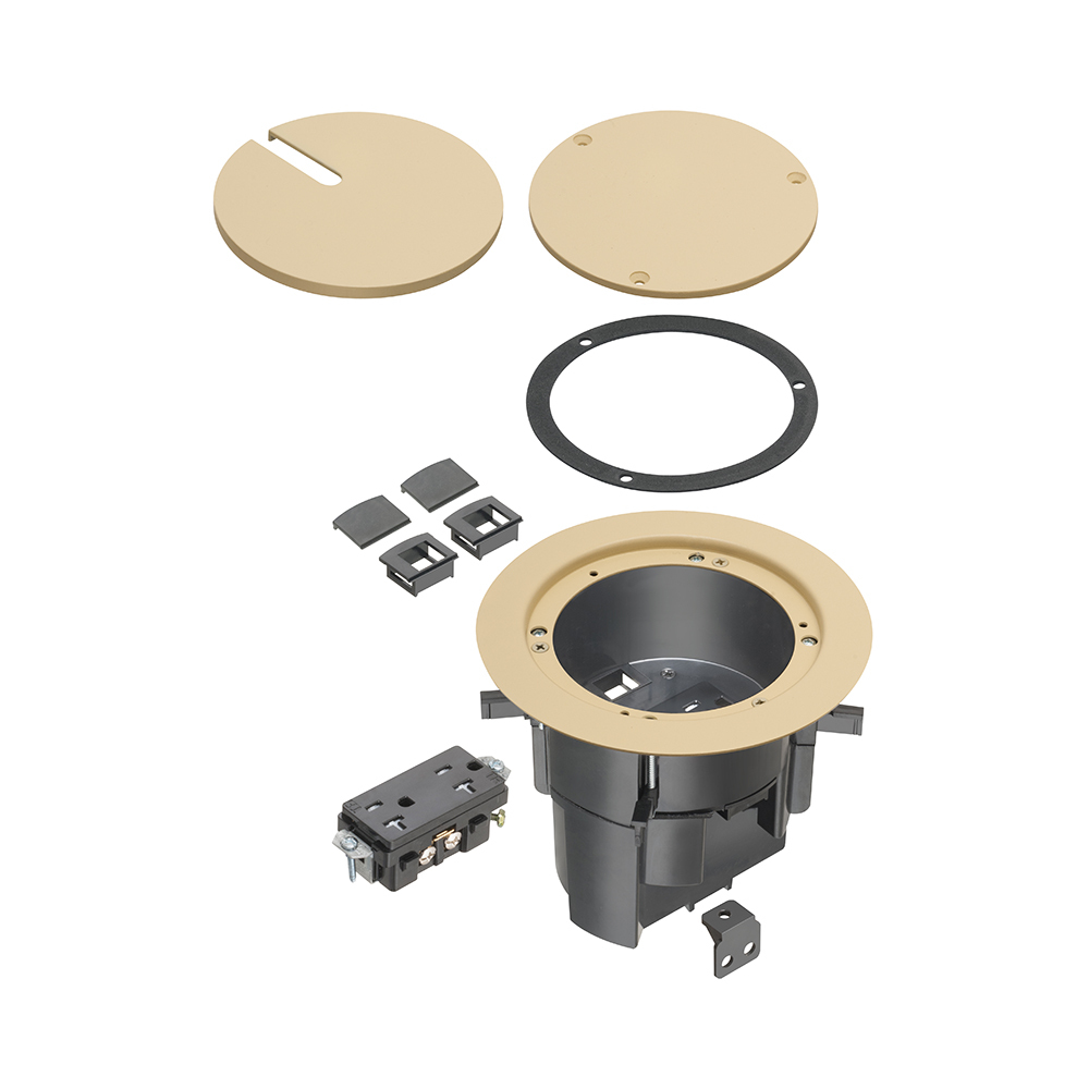 TWO low voltage openings with built-in divider, an ultra-thin stamped steel flange, and flush-to-the-floor in-use and blank covers. Has a light almond powder-coated finish.