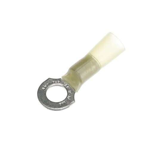 Heat Shrinkable Ring Terminal, Length 1.34 Inches, Width .49 Inches, Maximum Insulation .250, Bolt Hole 1/4 Inch, Wire Range #12-#10 AWG, Color Yellow, Copper, Tin Plated