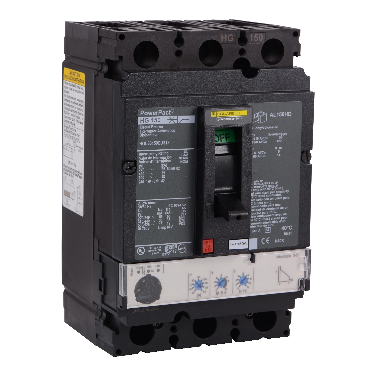 HGL36150CU31X Molded Case Circuit Breaker, 150 Amp, 3 Pole, 600V