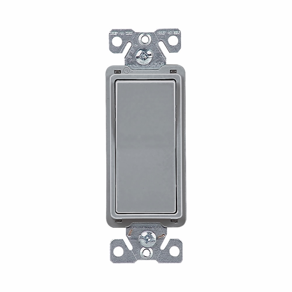 Eaton standard grade decorator switch, Box, #14-12 AWG, 15A, Flush, 120/277V, Back/push, Decorator, Maintained, Gray, Motor Control, Fan, LED, Incand, ELV,MLV,CFL, Florscnt, Halogen, Four-way, Thermoplastic 644696