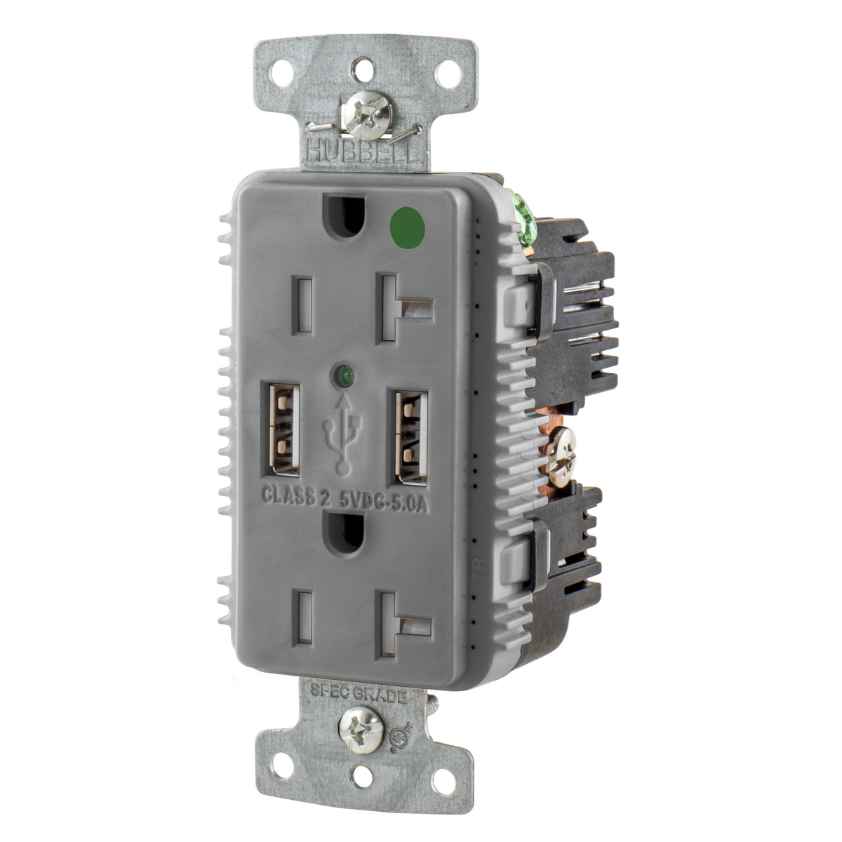 USB Charger Duplex Receptacle, HospitalGrade, 20A 125V, 2-Pole 3-Wire Grounding, 5-20R, 2) 5A "A" USB Ports,Gray