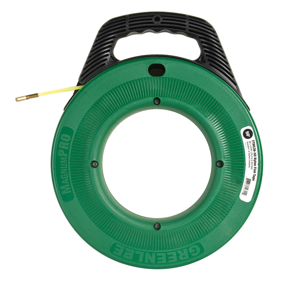 Nylon Fishtape 50" x 3/16" (15.2m x 4.8mm)  Non-conductive, curl resistant nylon tape for fast, clean fishing.  Good for fishing in conduit with wire or cable present.  Rugged case design improves drop impact capability.  Advanced comfort handle grip reduces fatigue.  Nylon fish tape is intended for fishing only.  Rope or line is recommended for pulling.