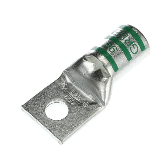 Copper One-Hole Lug, Standard Barrel, Peep Hole, Max 35kV, Wire Size 600 kcmil, 5/8 Inch Bolt Size, Tin Plated, Die Code 94, Die Color Code Green
