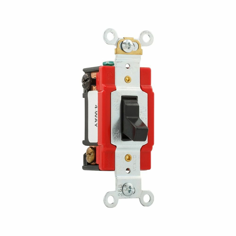 Eaton Arrow Hart industrial grade toggle switch, #14-10 AWG, 20A, Industrial, Wall, 120/277V, Back and side wire, Screw, Black, Four-way, Brass, Terminals: 0.031 in, Polycarbonate