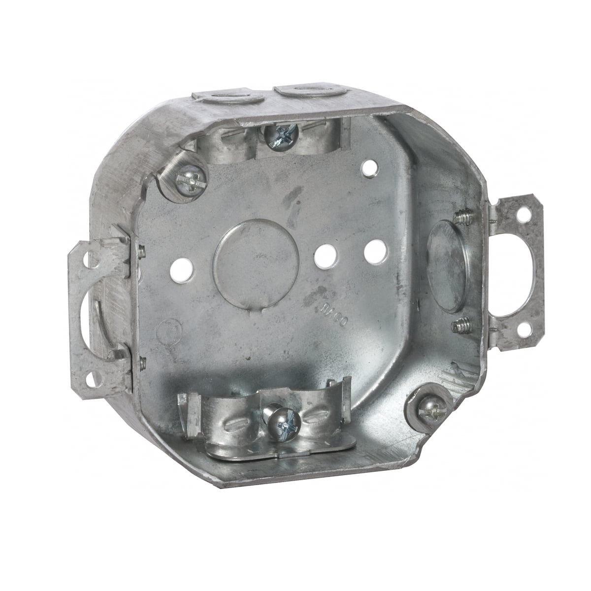 4 In. Octagon Box, 1-1/2 In. Deep - Drawn with NMSC Clamps, Plaster Ears