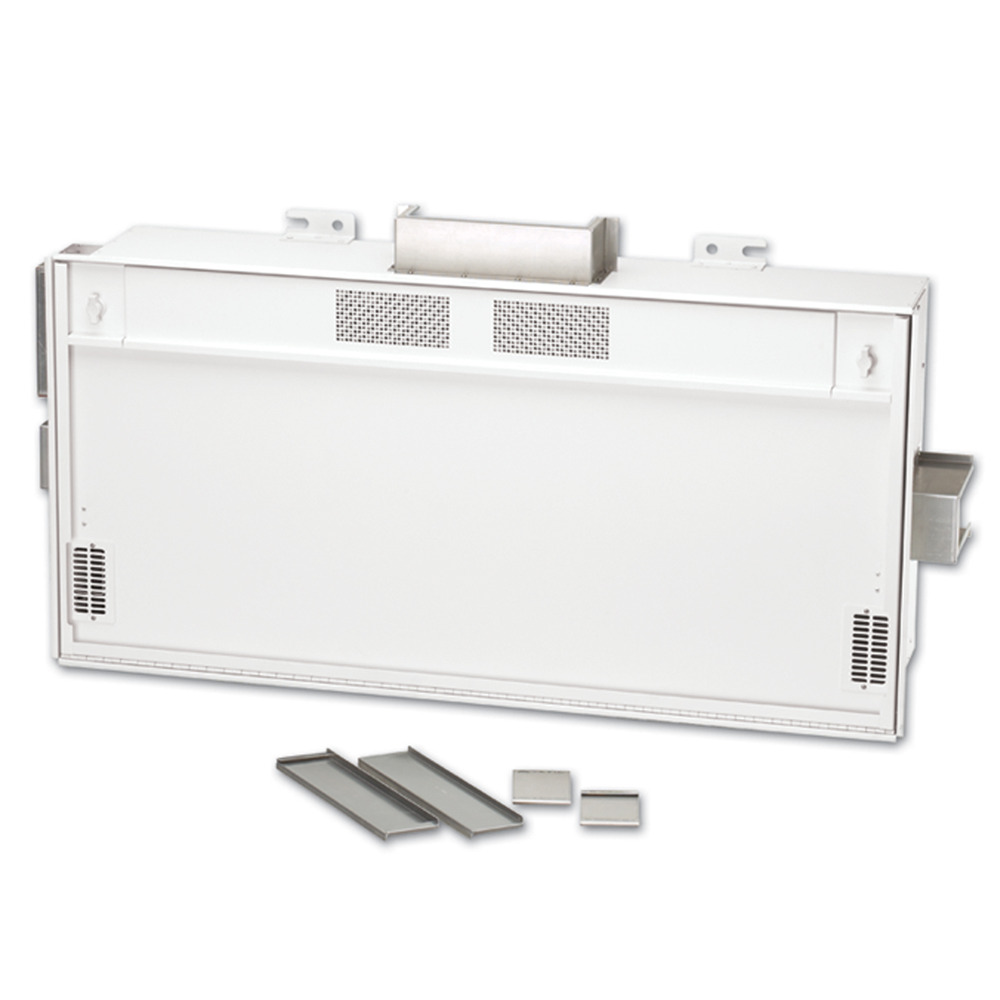 CEILING ENCLOSURE, 2' X 4' WITH JUNCTION BOX FOR DUPLEX POWER OUTLET, AND A FAN, ACCOMODATES 4U OF ACTIVE LAN EQUIPMENT, AND UP TO 4U OF 19" WIDE RACK MOUNT SPACE DIVIDED INTO 4U-4U SECTIONS.