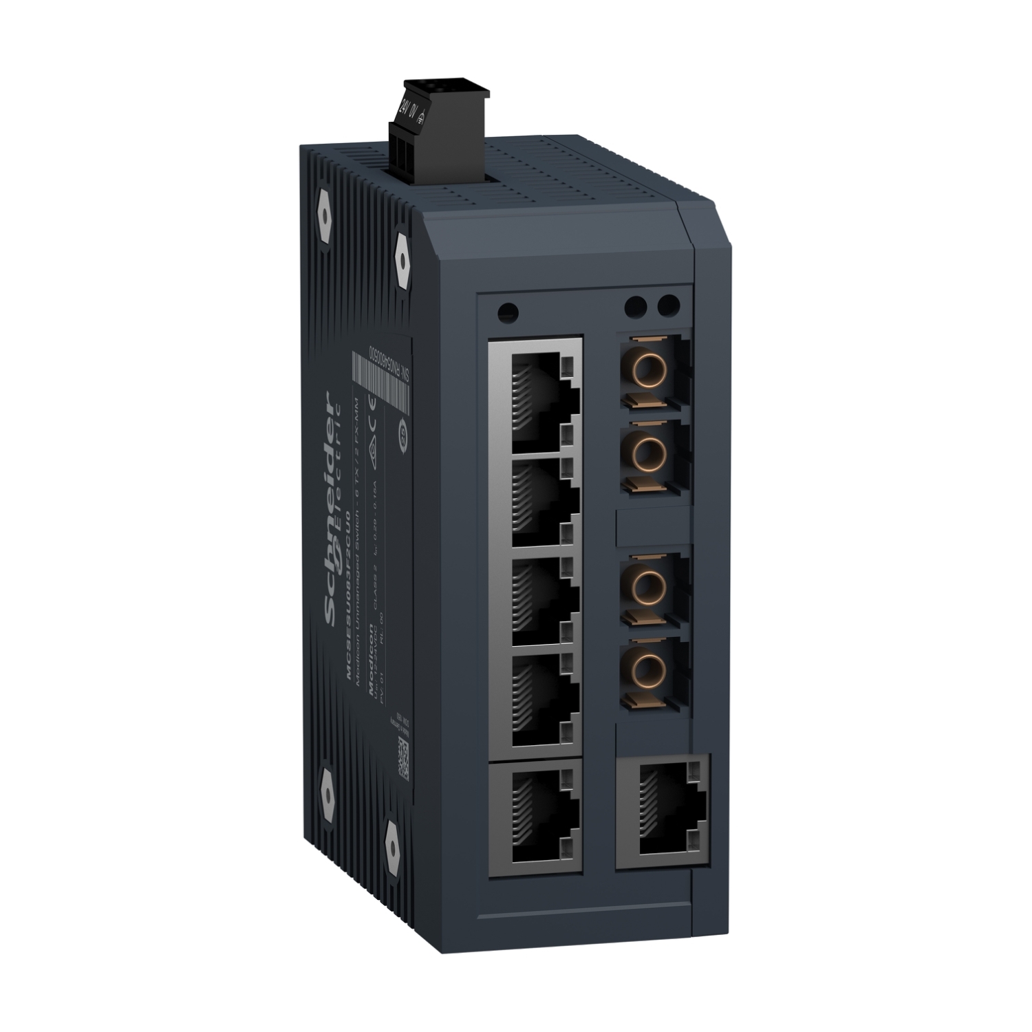 network switch, Modicon Networking, standard unmanaged, 6 ports for copper with 2 ports for multimode fiber optic