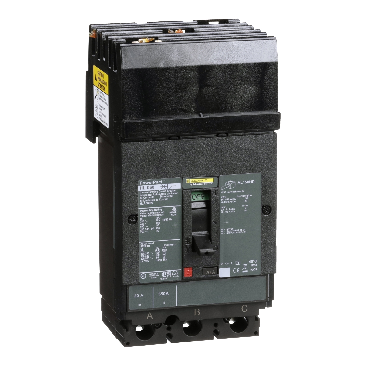 Circuit breaker, PowerPacT H, 20A, 3 pole, 600VAC, 50kA, I-Line, thermal magnetic, 80%, ABC
