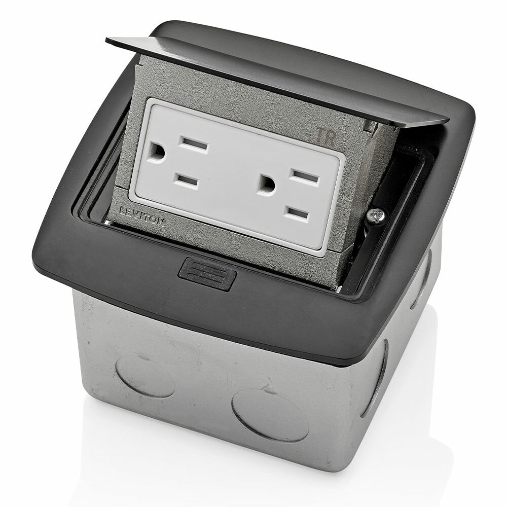 Pop-Up Floor Box with 15 Amp, 125 Volt, NEMA, 5-15R, Pole, 2, 3-Wire, Tamper-Resistant, Decora, Duplex Receptacle Outlet that is pre-wired to terminal block - Black
